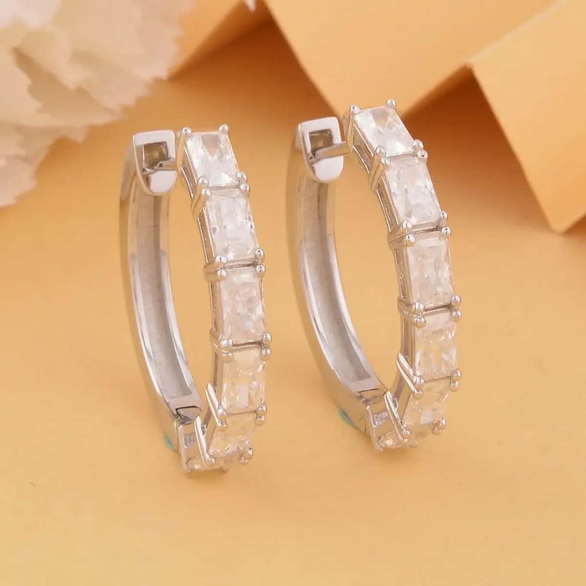 Radiant Cut Moissanite Hoop Earrings in Platinum Over Sterling Silver 3.25 ctw image number 1