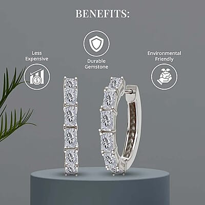 Moissanite 3.25 ctw Hoop Earrings in Platinum Plated Sterling Silver, Radiant Cut Moissanite Earrings, Silver Hoops For Women
