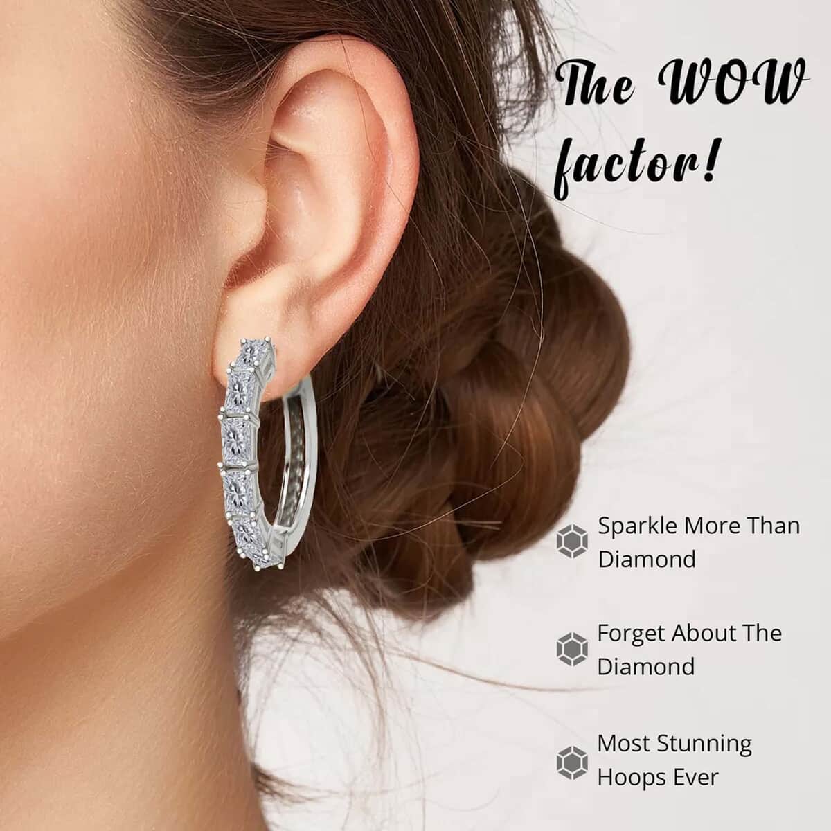 Moissanite Hoop Earrings in Platinum Plated Sterling Silver, Radiant Cut Moissanite Earrings, Silver Hoops For Women 3.25 ctw image number 4