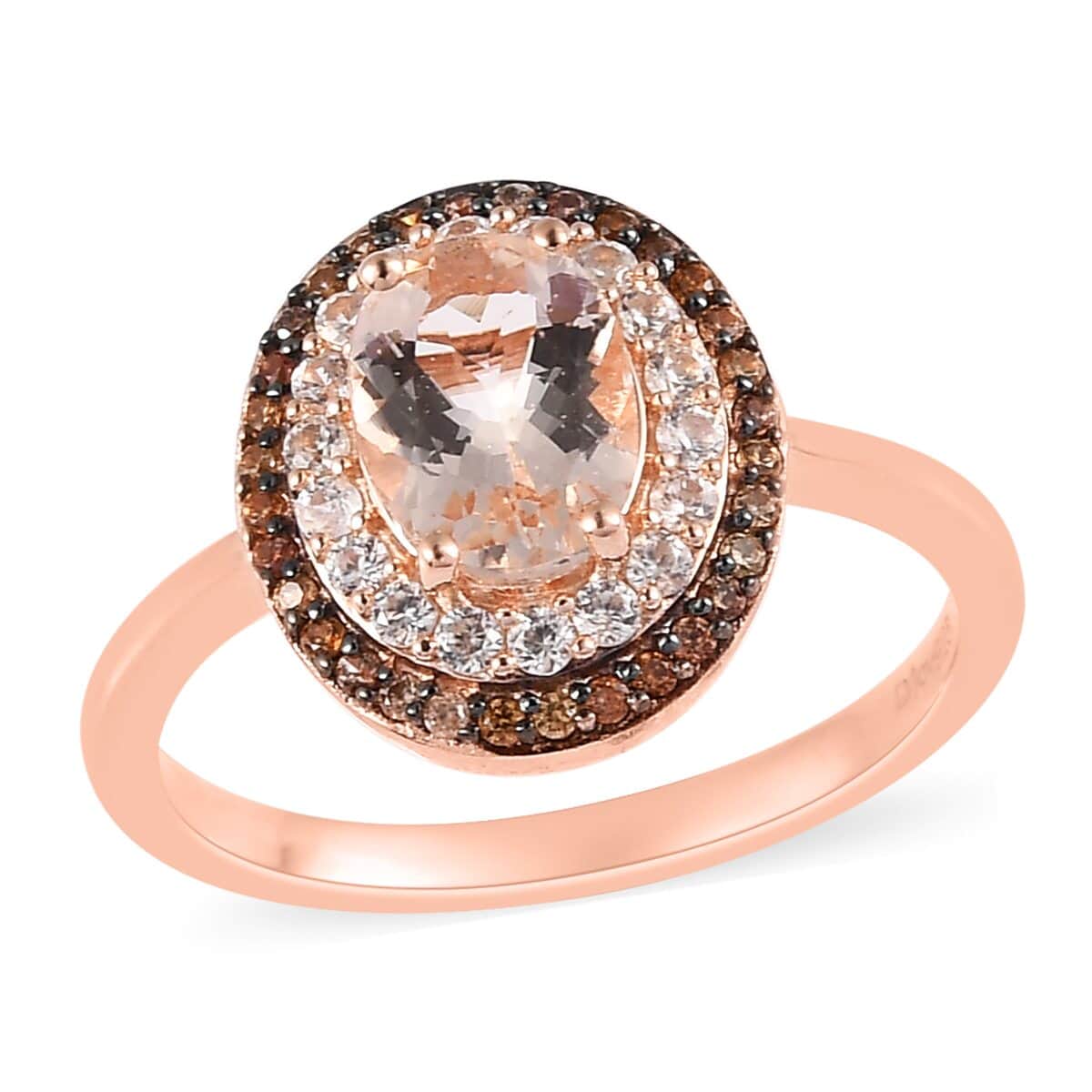 Premium Marropino Morganite, Natural White Zircon and Brown Zircon Double Halo Ring in Vermeil Rose Gold Over Sterling Silver (Size 10.0) 1.50 ctw image number 0