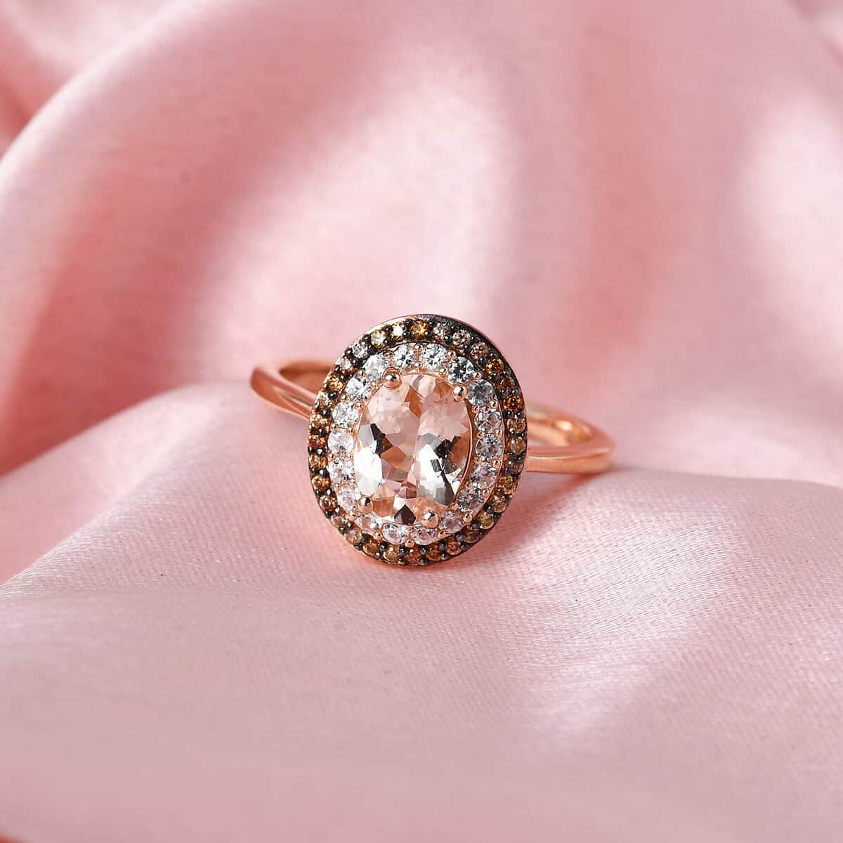 Premium Marropino Morganite, Natural White Zircon and Brown Zircon Double Halo Ring in Vermeil Rose Gold Over Sterling Silver (Size 10.0) 1.50 ctw image number 1
