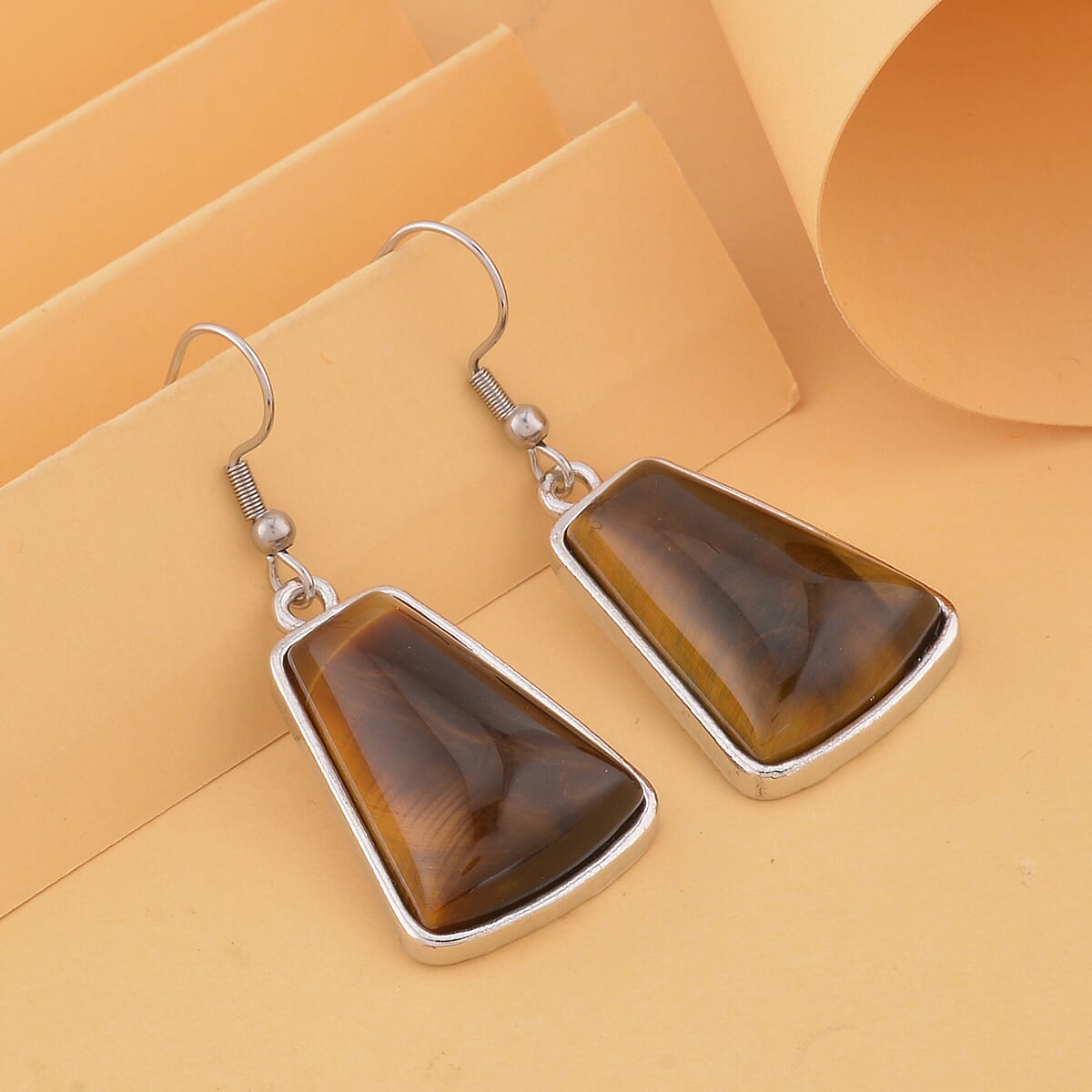Yellow Tiger's Eye Earrings in Silvertone and Stainless Steel 12.25 ctw , Tarnish-Free, Waterproof, Sweat Proof Jewelry image number 1