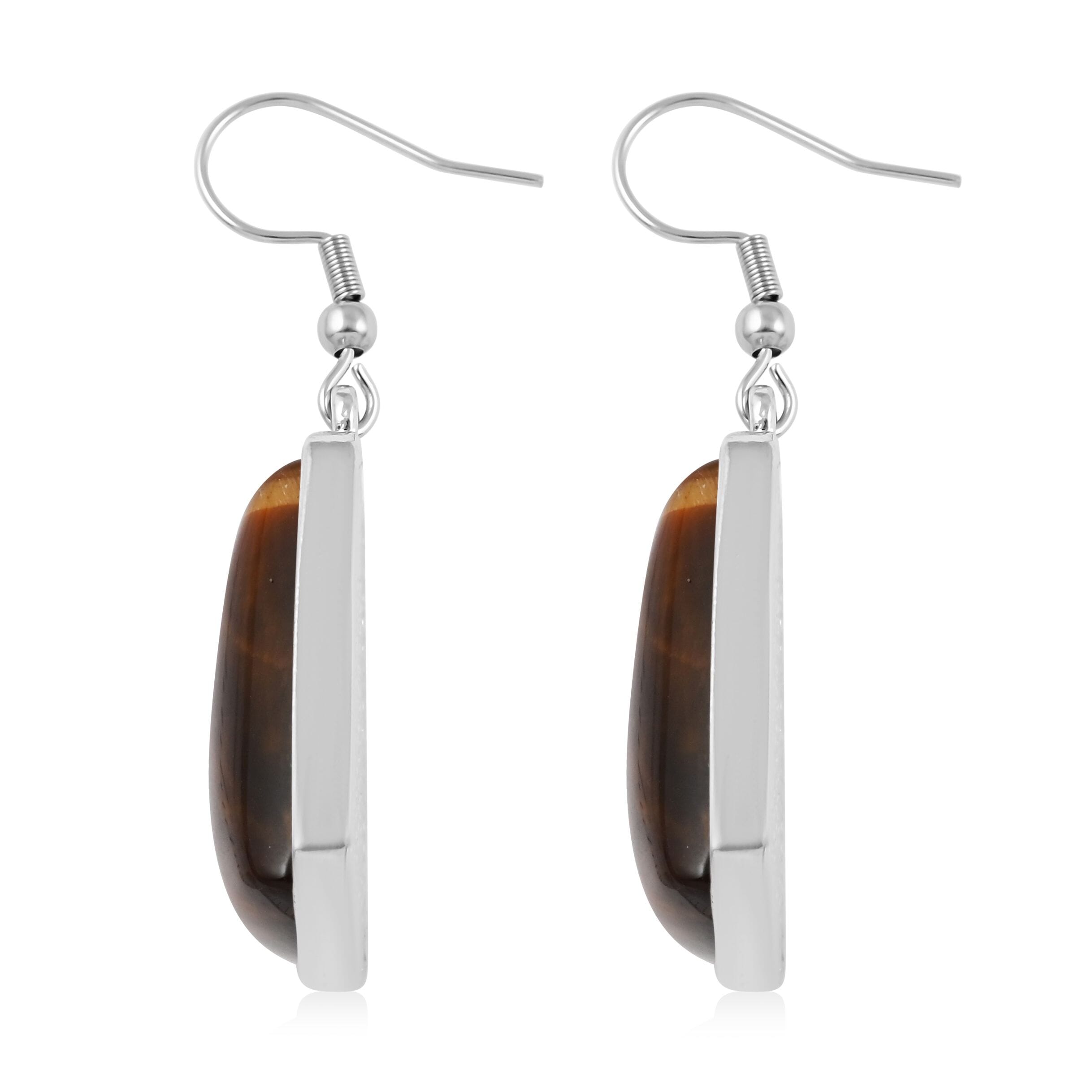 Buy Yellow Tiger s Eye Earrings in Silvertone and Stainless Steel