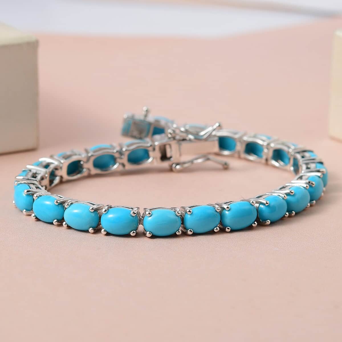 Premium Sleeping Beauty Turquoise 16.00 ctw Tennis Bracelet in Platinum Over Sterling Silver, Line Bracelet, Turquoise Bracelet, Sterling Silver Bracelet (6.50 In) image number 1