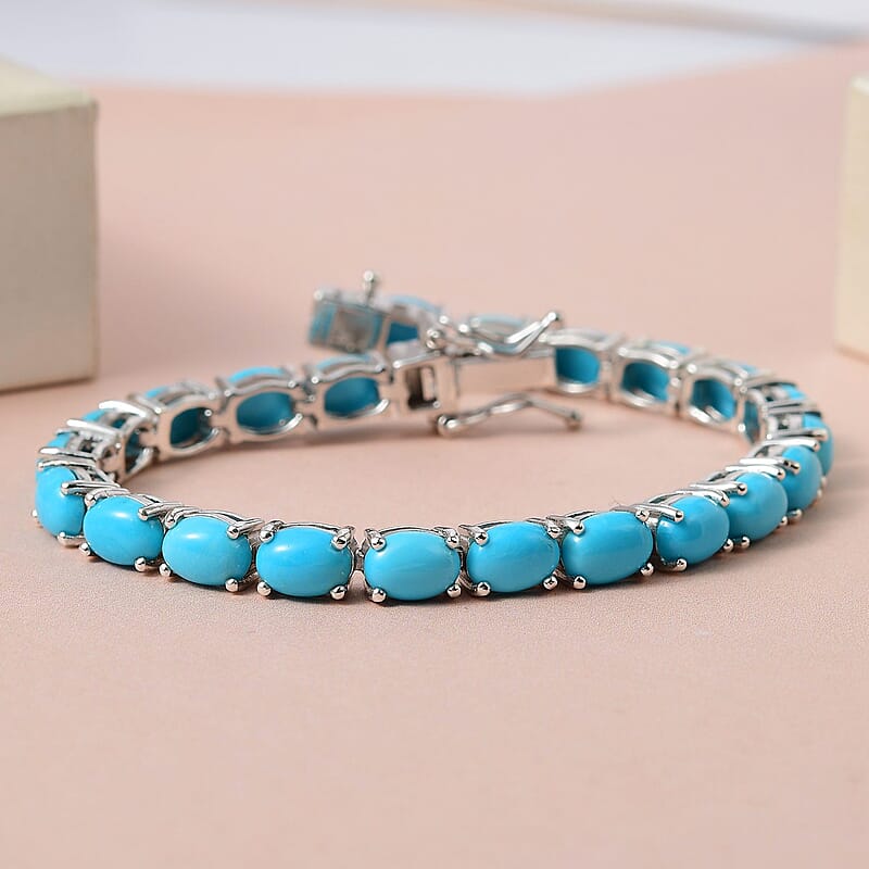 Premium Sleeping Beauty Turquoise 16.00 ctw Tennis Bracelet in Platinum Over Sterling Silver, Line Bracelet, Turquoise Bracelet, Sterling Silver Bracelet (6.50 In)