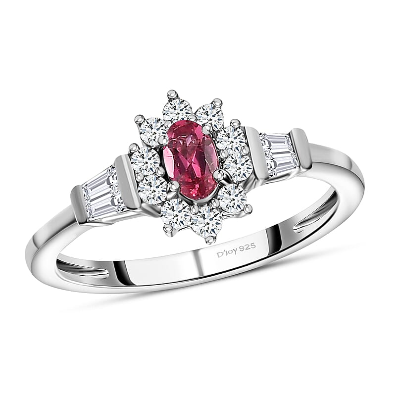Premium Ouro Fino Rubellite and White Zircon 0.75 ctw Accent Ring, Sunburst Halo Ring, Platinum Over Sterling Silver Ring (Size 10.0)