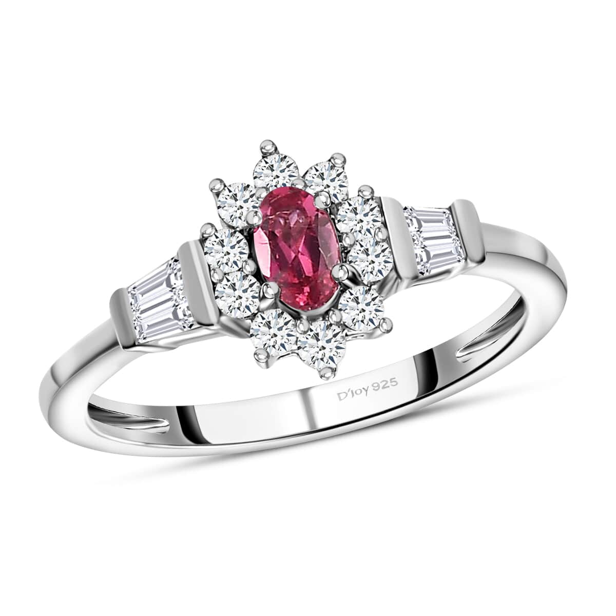 Premium Ouro Fino Rubellite Ring, White Zircon Accent Ring, Sunburst Halo Ring, Platinum Over Sterling Silver Ring 0.75 ctw (Size 10.0) image number 0