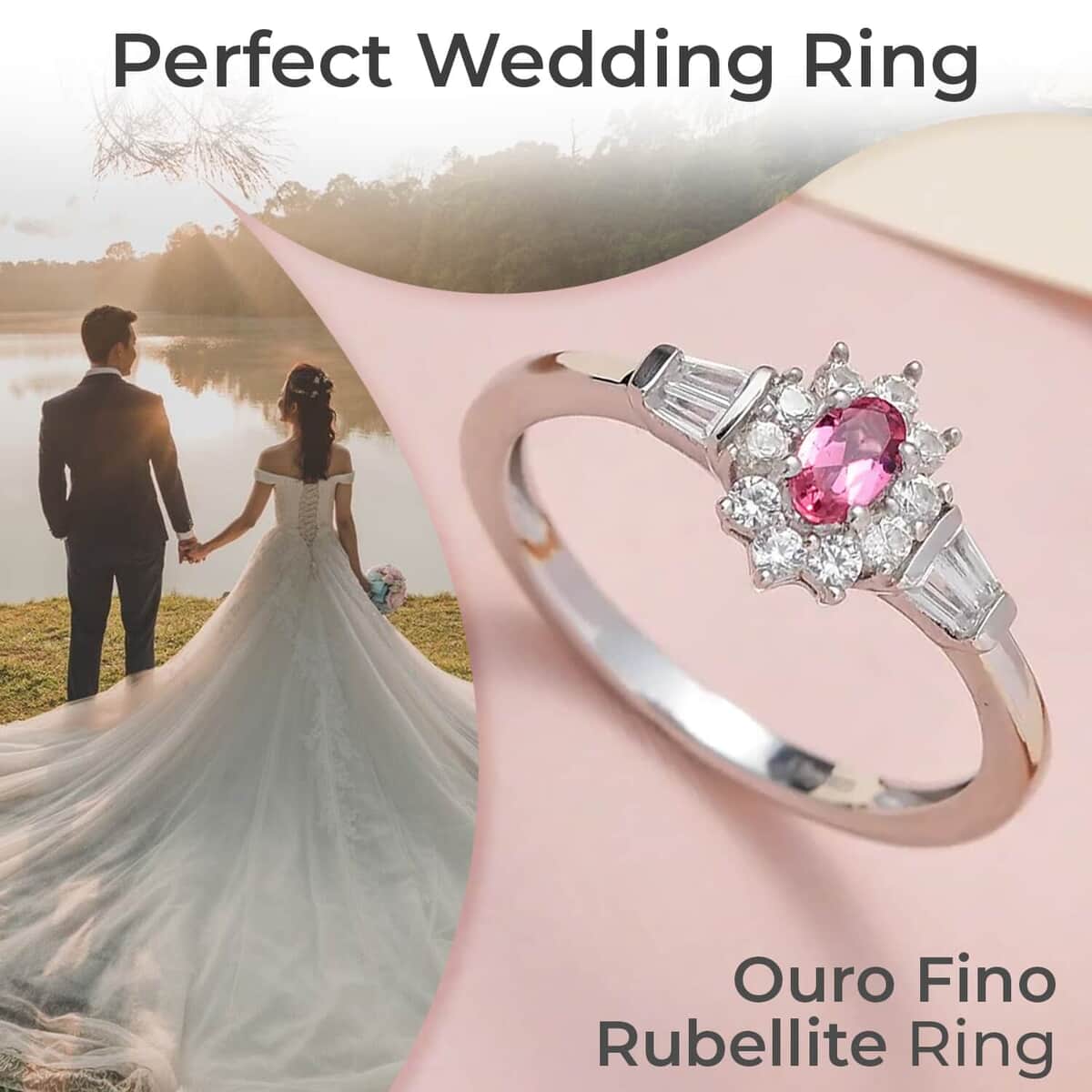 Premium Ouro Fino Rubellite Ring, White Zircon Accent Ring, Sunburst Halo Ring, Platinum Over Sterling Silver Ring 0.75 ctw image number 1