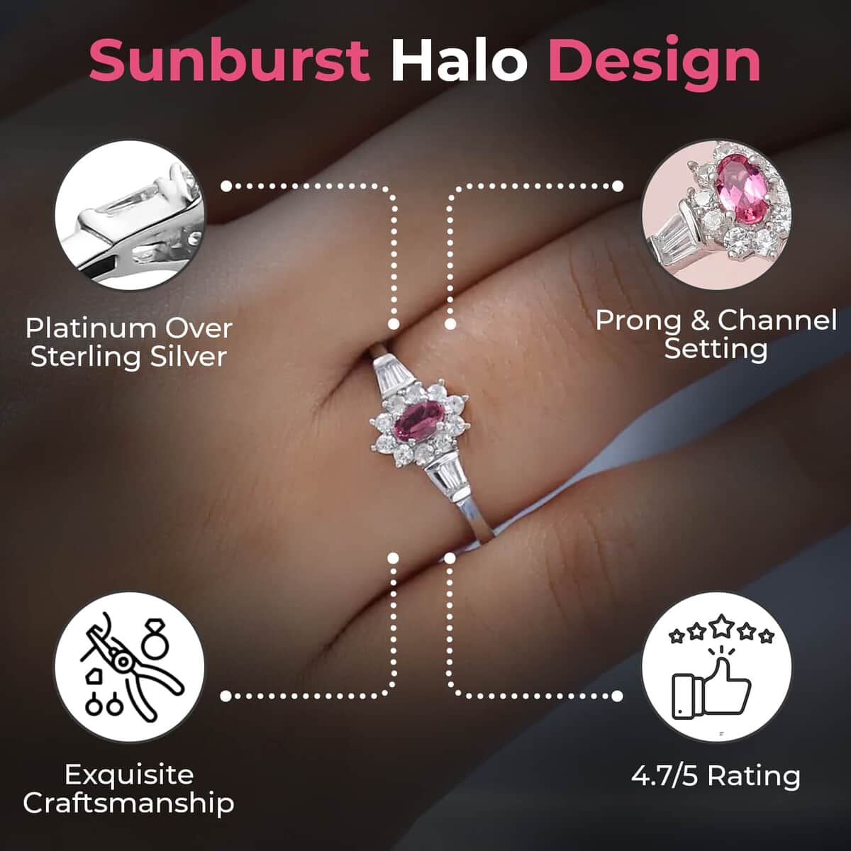 Premium Ouro Fino Rubellite Ring, White Zircon Accent Ring, Sunburst Halo Ring, Platinum Over Sterling Silver Ring 0.75 ctw image number 2