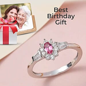 Premium Ouro Fino Rubellite and White Zircon 0.75 ctw Accent Ring, Sunburst Halo Ring, Platinum Over Sterling Silver Ring (Size 10.0)