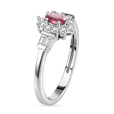 Premium Ouro Fino Rubellite and White Zircon 0.75 ctw Accent Ring, Sunburst Halo Ring, Platinum Over Sterling Silver Ring (Size 10.0)
