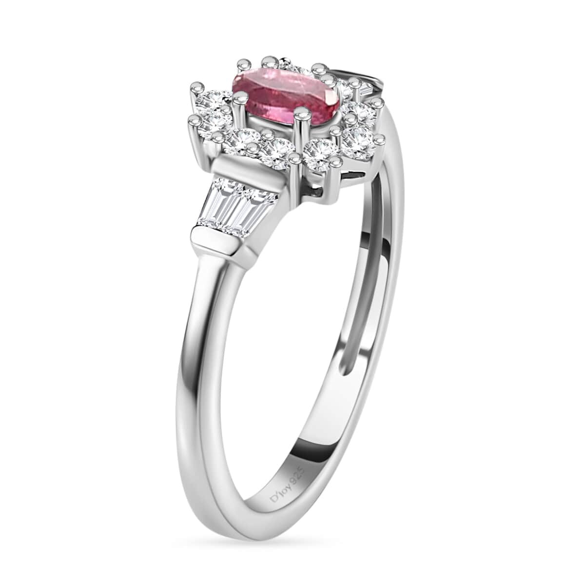 Premium Ouro Fino Rubellite Ring, White Zircon Accent Ring, Sunburst Halo Ring, Platinum Over Sterling Silver Ring 0.75 ctw image number 4