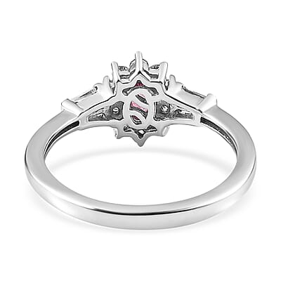 Premium Ouro Fino Rubellite and White Zircon 0.75 ctw Accent Ring, Sunburst Halo Ring, Platinum Over Sterling Silver Ring (Size 10.0)