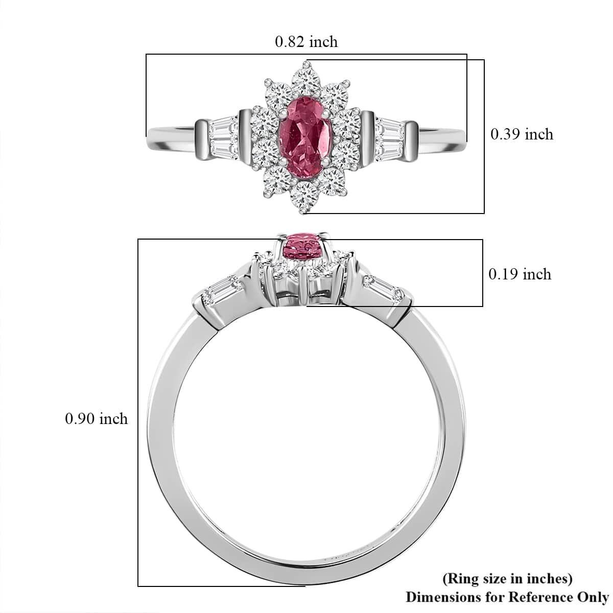Premium Ouro Fino Rubellite Ring, White Zircon Accent Ring, Sunburst Halo Ring, Platinum Over Sterling Silver Ring 0.75 ctw image number 6