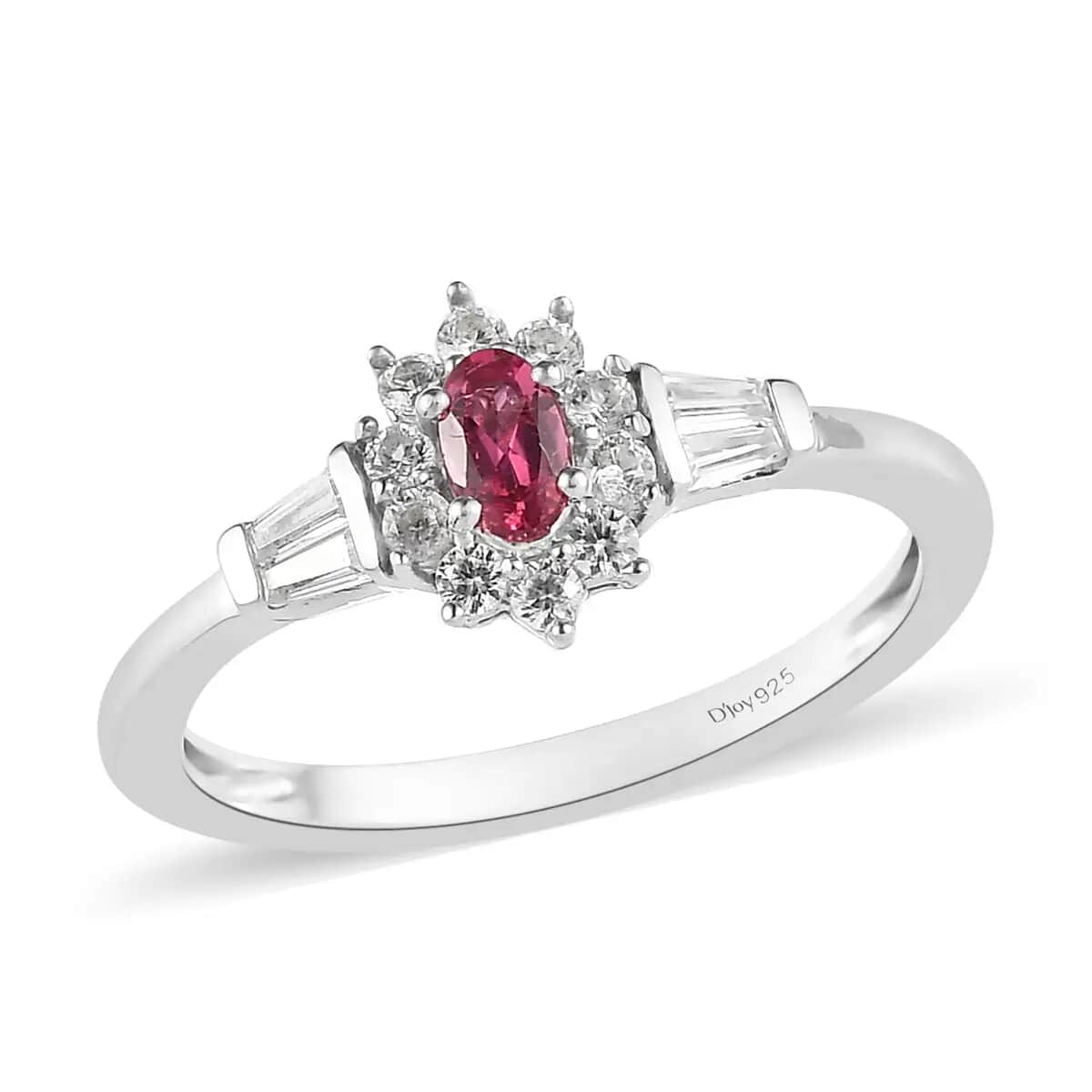 Premium Ouro Fino Rubellite Ring, White Zircon Accent Ring, Sunburst Halo Ring, Platinum Over Sterling Silver Ring 0.75 ctw image number 0