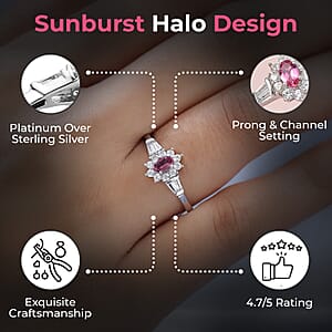 Premium Ouro Fino Rubellite Ring, White Zircon Accent Ring, Sunburst Halo Ring, Platinum Over Sterling Silver Ring 0.75 ctw