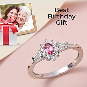 Premium Ouro Fino Rubellite Ring, White Zircon Accent Ring, Sunburst Halo Ring, Platinum Over Sterling Silver Ring 0.75 ctw