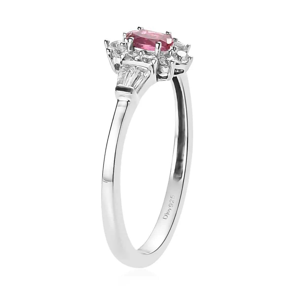 Premium Ouro Fino Rubellite Ring, White Zircon Accent Ring, Sunburst Halo Ring, Platinum Over Sterling Silver Ring 0.75 ctw image number 4