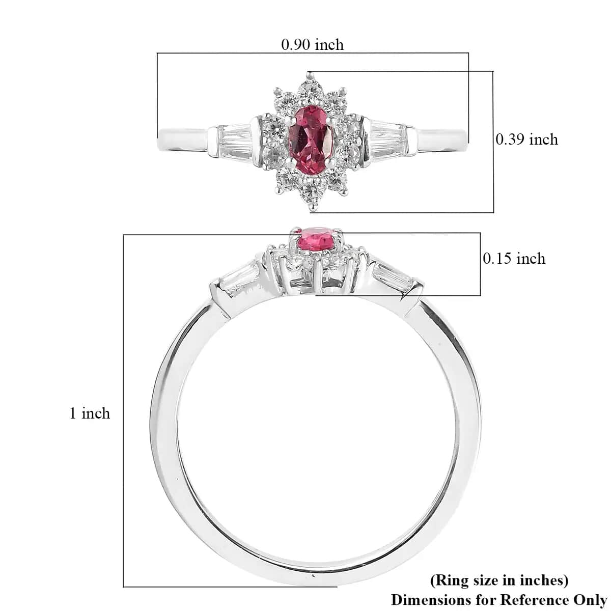 Premium Ouro Fino Rubellite Ring, White Zircon Accent Ring, Sunburst Halo Ring, Platinum Over Sterling Silver Ring 0.75 ctw image number 6