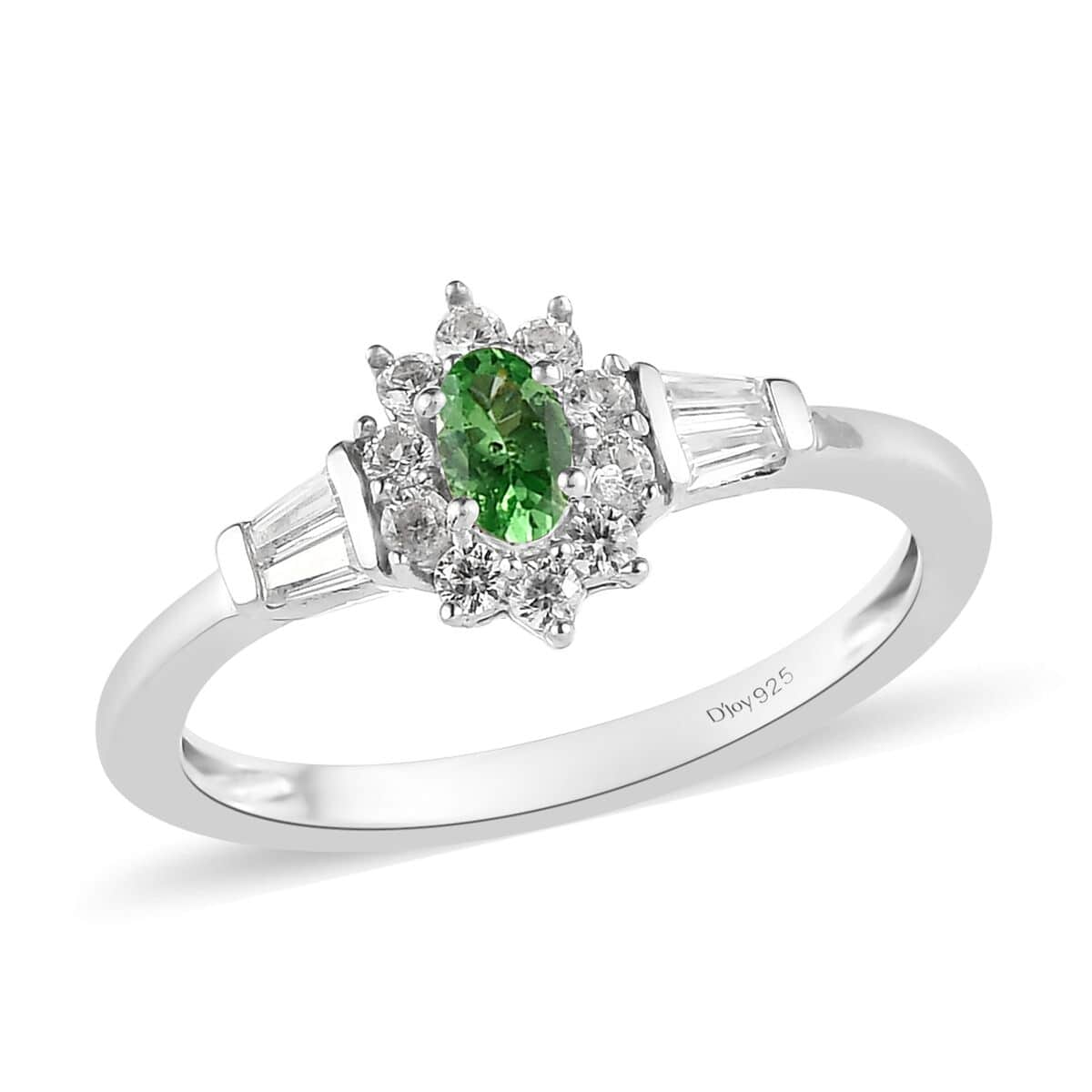 AAA Tsavorite Garnet Ring ,White Zircon Accent Ring , Sunburst Halo Ring ,Platinum Over Sterling Silver Ring 0.75 ctw (Size 10.0) image number 0