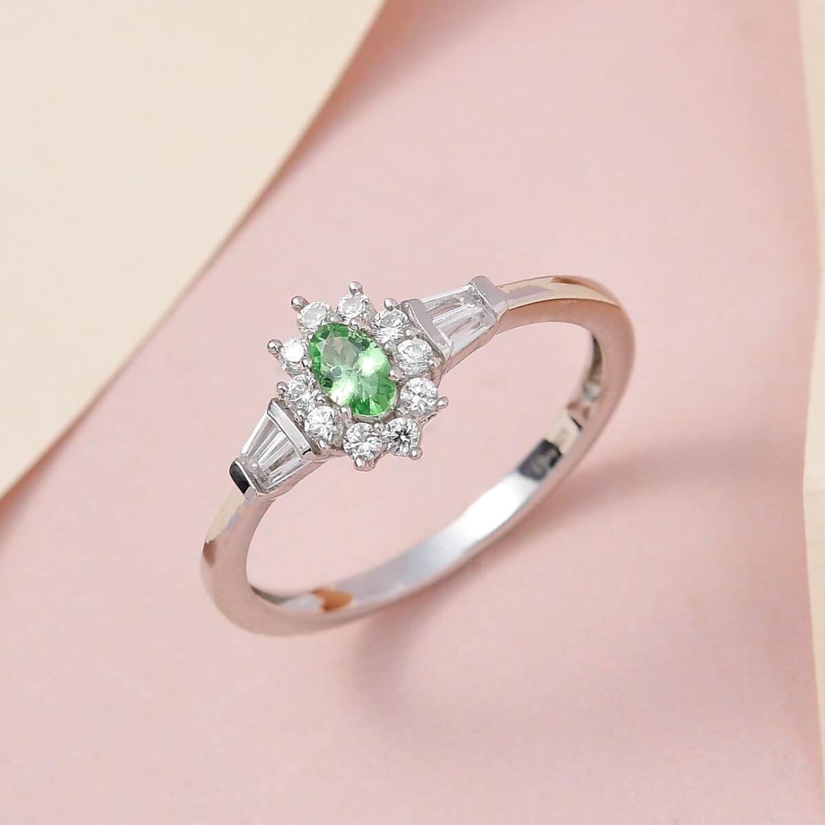 AAA Tsavorite Garnet Ring ,White Zircon Accent Ring , Sunburst Halo Ring ,Platinum Over Sterling Silver Ring 0.75 ctw (Size 10.0) image number 1