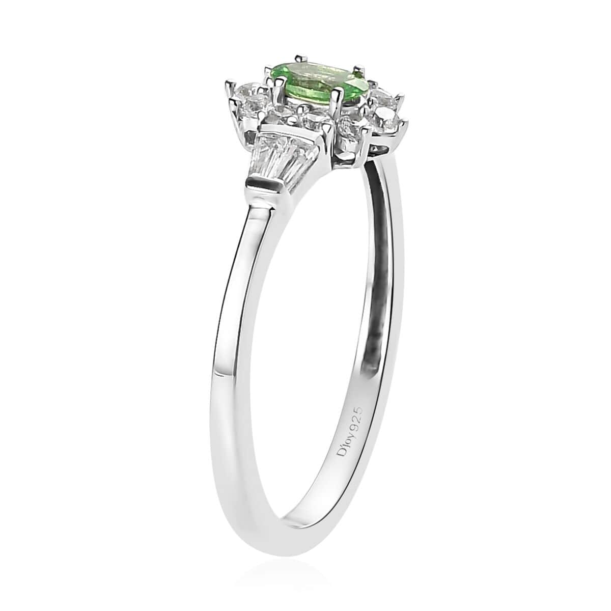 AAA Tsavorite Garnet Ring ,White Zircon Accent Ring , Sunburst Halo Ring ,Platinum Over Sterling Silver Ring 0.75 ctw (Size 10.0) image number 3