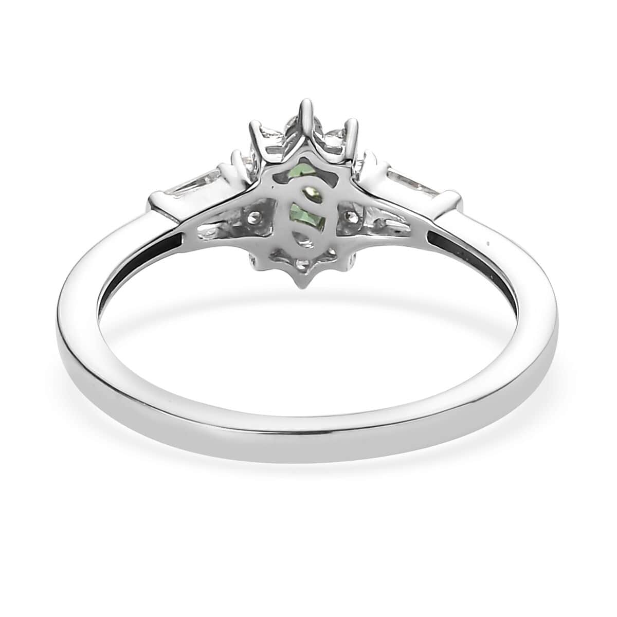 AAA Tsavorite Garnet Ring ,White Zircon Accent Ring , Sunburst Halo Ring ,Platinum Over Sterling Silver Ring 0.75 ctw (Size 10.0) image number 4