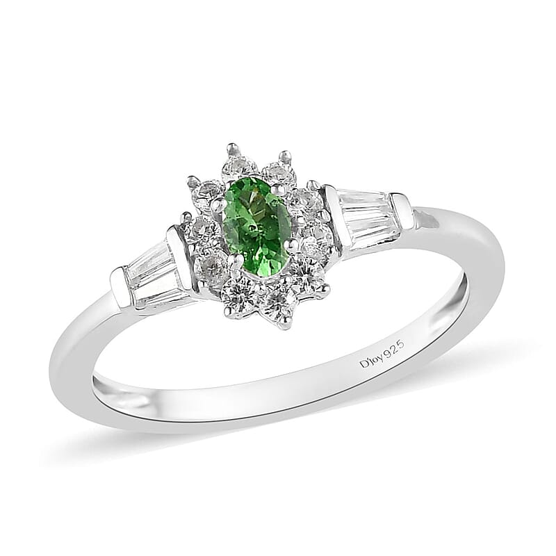 AAA Tsavorite Garnet Ring, White Zircon Accent Ring, Sunburst Halo Ring, Platinum Over Sterling Silver Ring 0.75 ctw (Size 7.0)