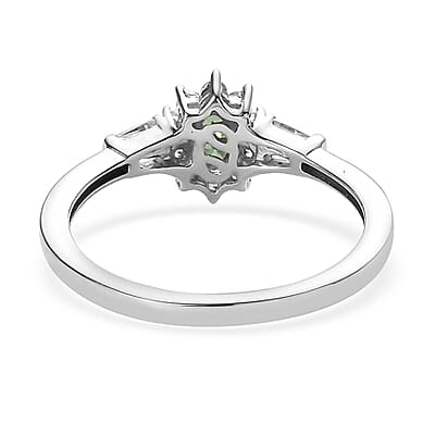 AAA Tsavorite Garnet Ring, White Zircon Accent Ring, Sunburst Halo Ring, Platinum Over Sterling Silver Ring 0.75 ctw (Size 7.0)