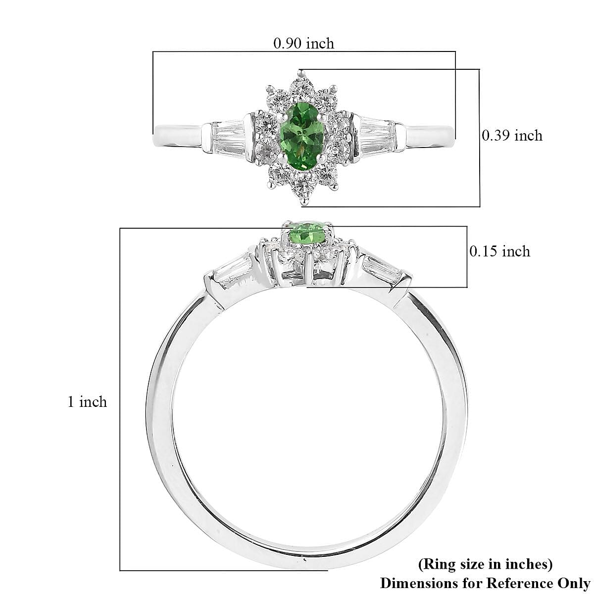 AAA Tsavorite Garnet Ring, White Zircon Accent Ring, Sunburst Halo Ring, Platinum Over Sterling Silver Ring 0.75 ctw (Size 7.0)
