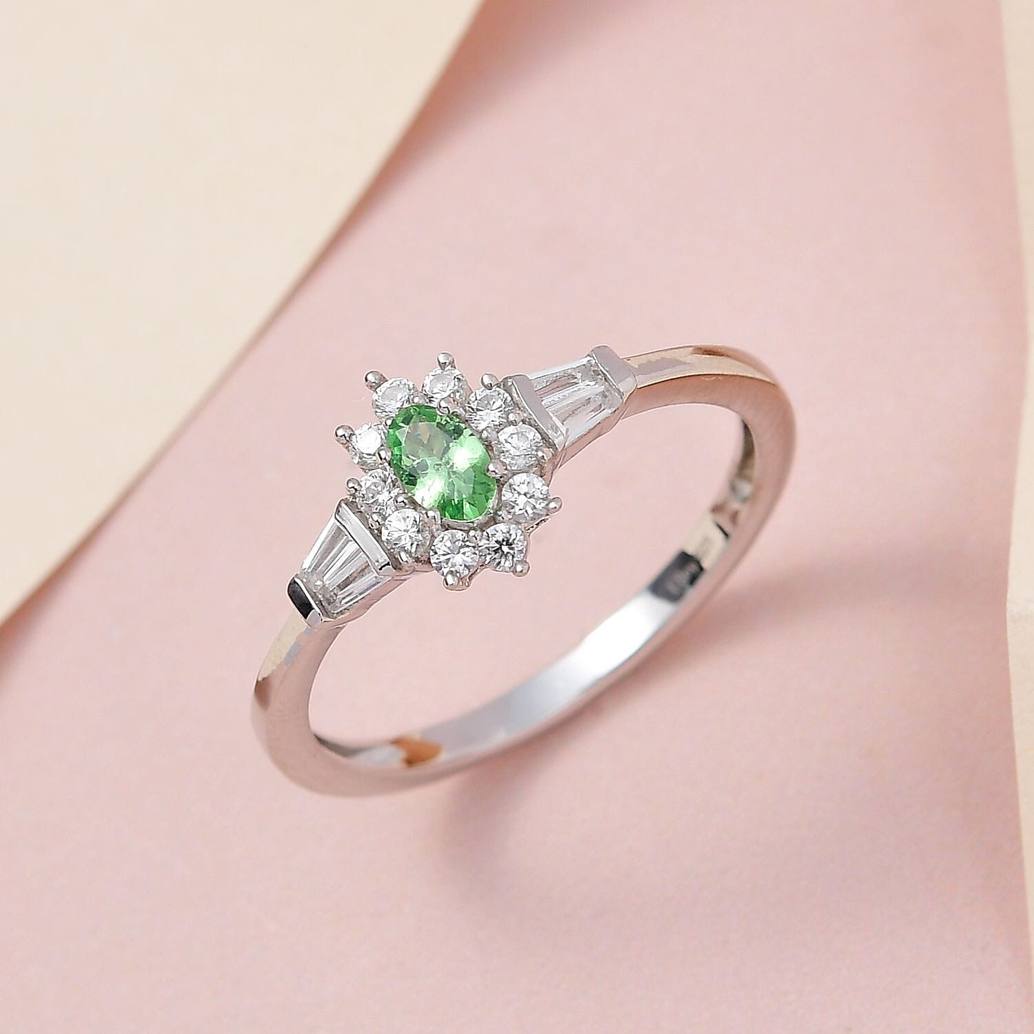 AAA Tsavorite Garnet Ring, White Zircon Accent Ring, Sunburst Halo Ring, Platinum Over Sterling Silver Ring 0.75 ctw (Size 9.0)