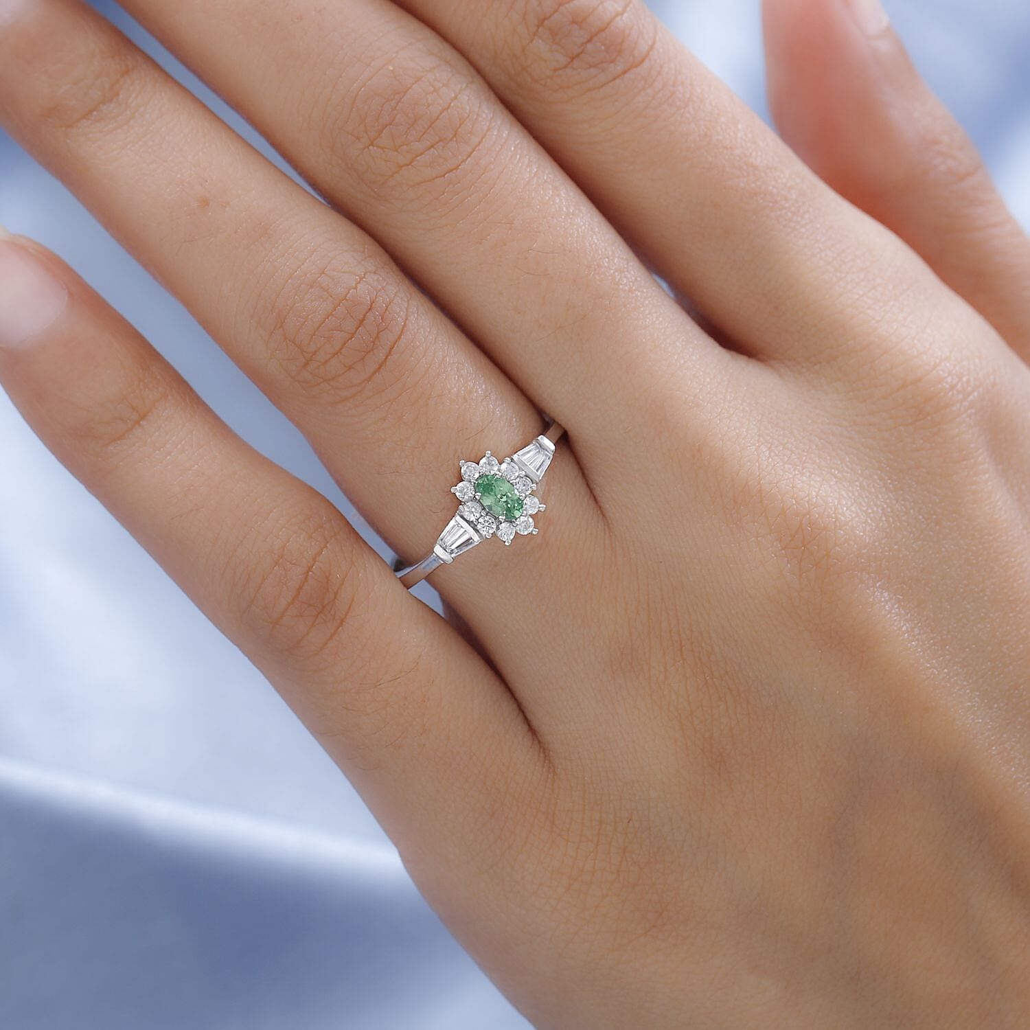 AAA Tsavorite Garnet Ring, White Zircon Accent Ring, Sunburst Halo Ring, Platinum Over Sterling Silver Ring 0.75 ctw (Size 9.0)