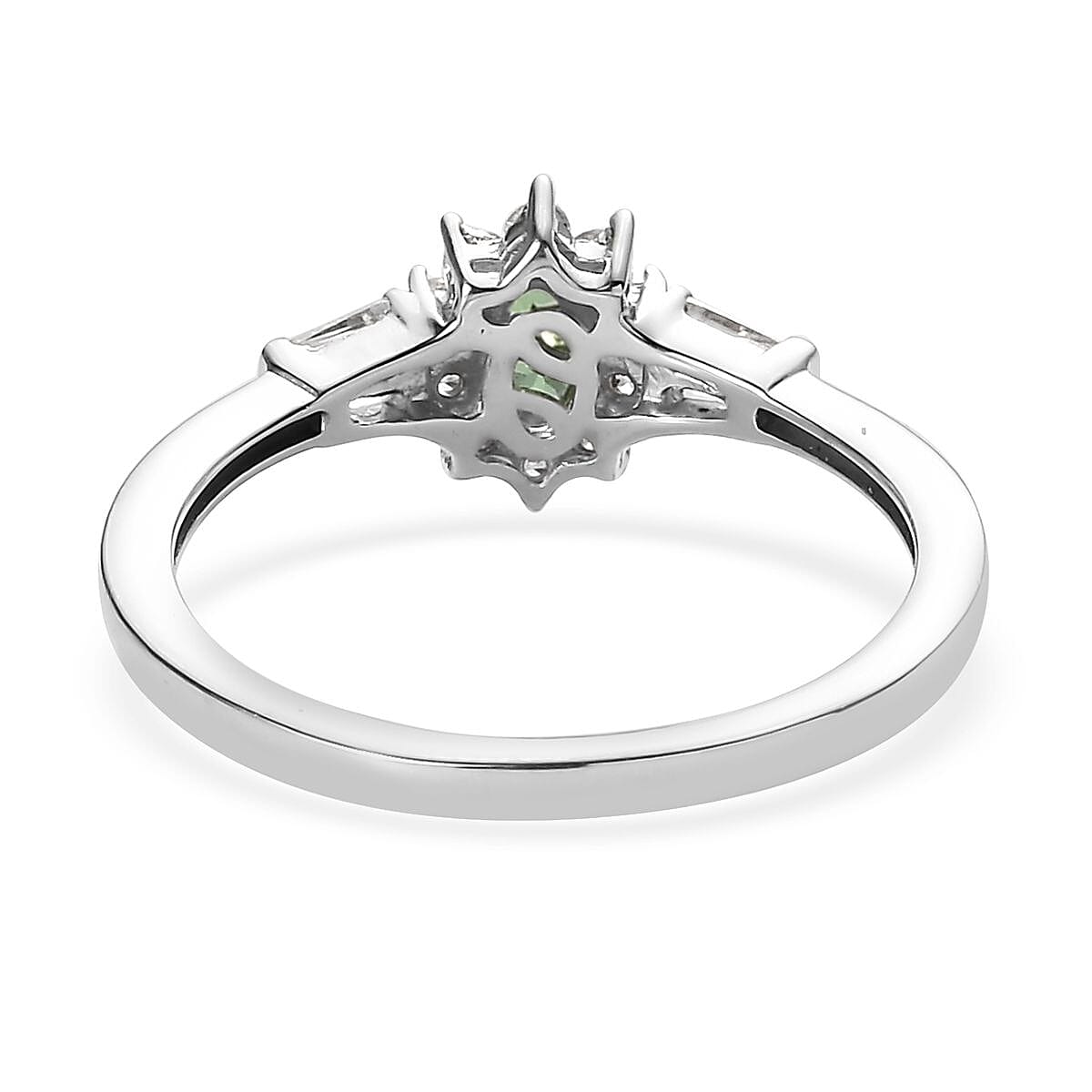 AAA Tsavorite Garnet Ring, White Zircon Accent Ring, Sunburst Halo Ring, Platinum Over Sterling Silver Ring 0.75 ctw (Size 9.0)