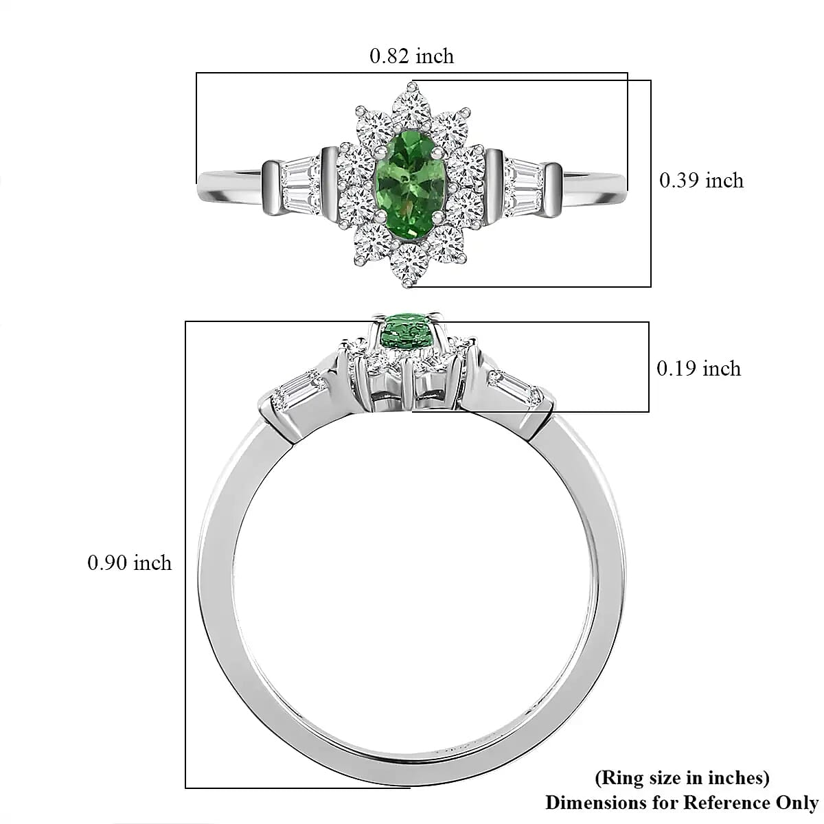 AAA Tsavorite Garnet Ring, White Zircon Accent Ring, Sunburst Halo Ring, Platinum Over Sterling Silver Ring 0.75 ctw (Size 9.0)