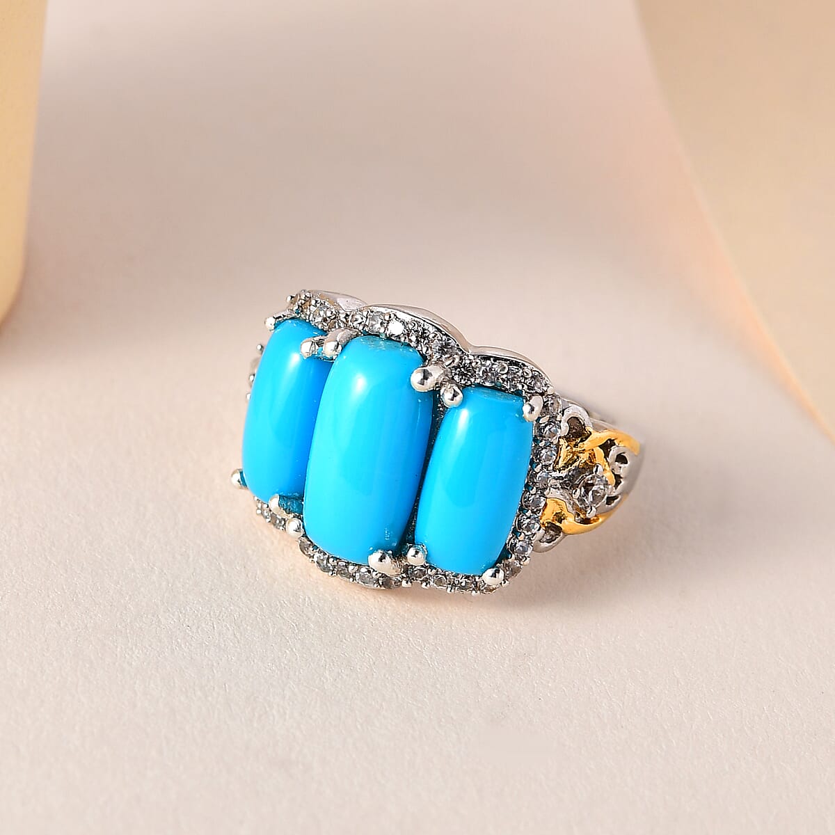 Sleeping Beauty Turquoise and White Zircon Ring in Vermeil Yellow Gold and Platinum Over Sterling Silver (Size 10.0) 5.85 ctw image number 1