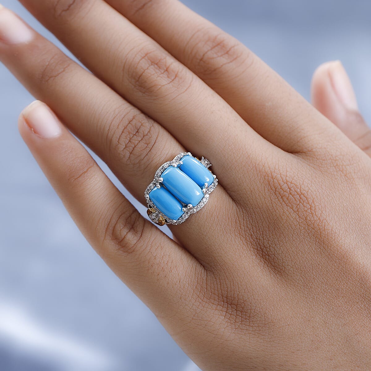 Sleeping Beauty Turquoise and White Zircon Ring in Vermeil Yellow Gold and Platinum Over Sterling Silver (Size 10.0) 5.85 ctw image number 2