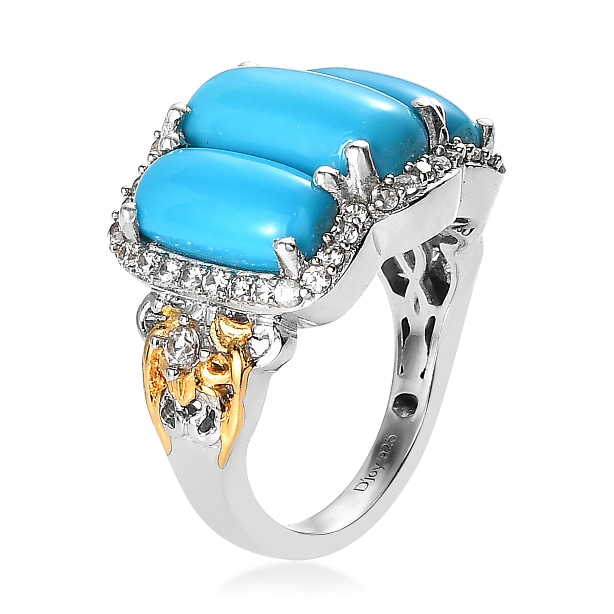 Sleeping Beauty Turquoise and White Zircon Ring in Vermeil Yellow Gold and Platinum Over Sterling Silver (Size 10.0) 5.85 ctw image number 3