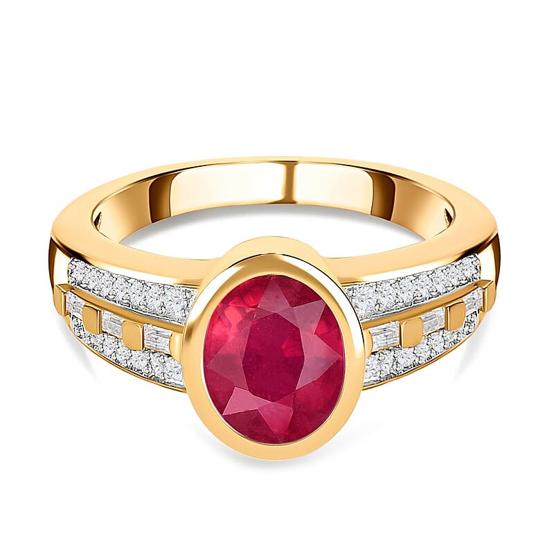 Niassa Ruby (FF) and White Zircon 3.09 ctw Ring in 14K YG Over Sterling Silver (Size 8.0)