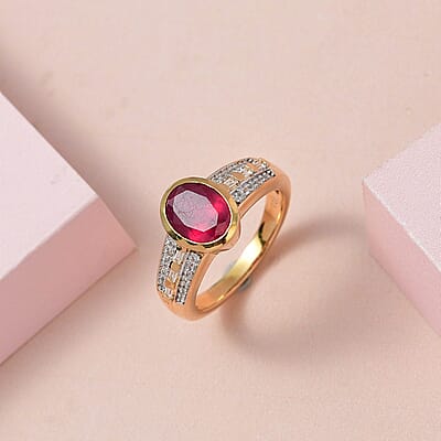 Niassa Ruby (FF) and White Zircon 3.09 ctw Ring in 14K YG Over Sterling Silver (Size 8.0)