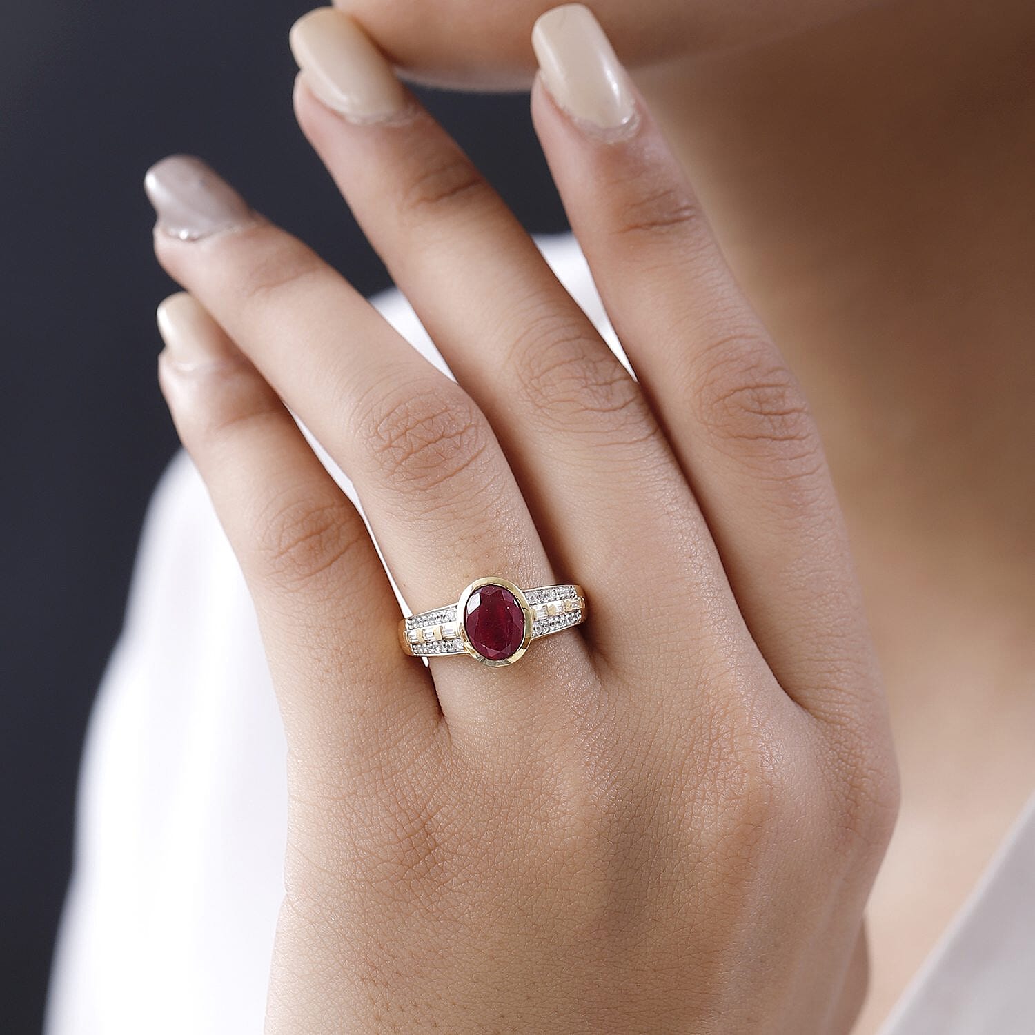 Niassa Ruby (FF) and White Zircon 3.09 ctw Ring in 14K YG Over Sterling Silver (Size 8.0)