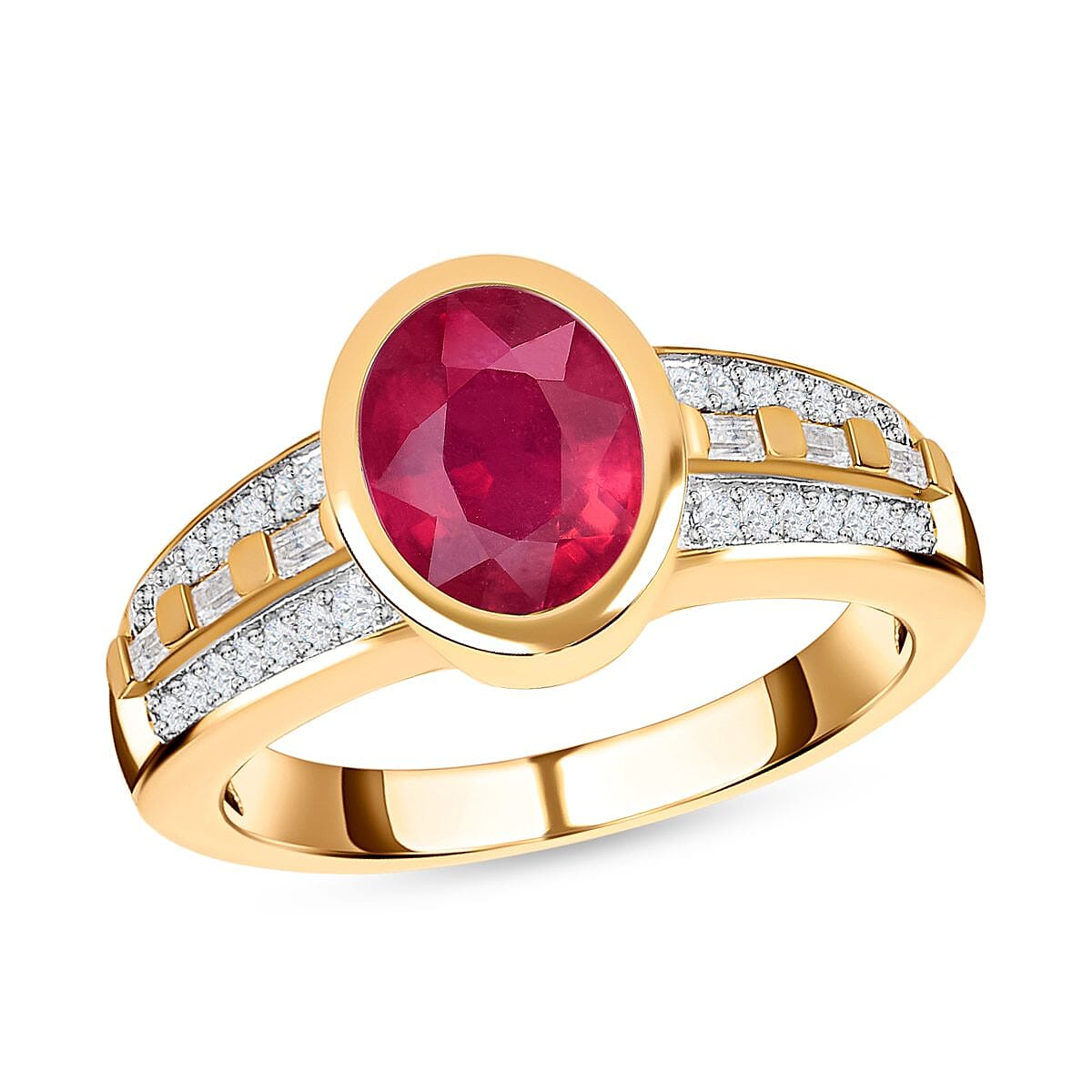 Niassa Ruby (FF) and White Zircon 3.09 ctw Ring in 14K YG Over Sterling Silver (Size 8.0)