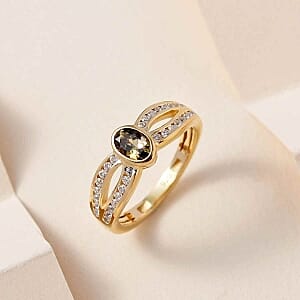 Natural Golden Tanzanite and White Zircon 0.88 ctw Ring in Vermeil Yellow Gold Over Sterling Silver (Size 10)