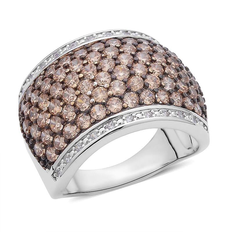 Simulated Champagne and White Diamond Ring in Rhodium and Silvertone (Size 10.0) 1.50 ctw