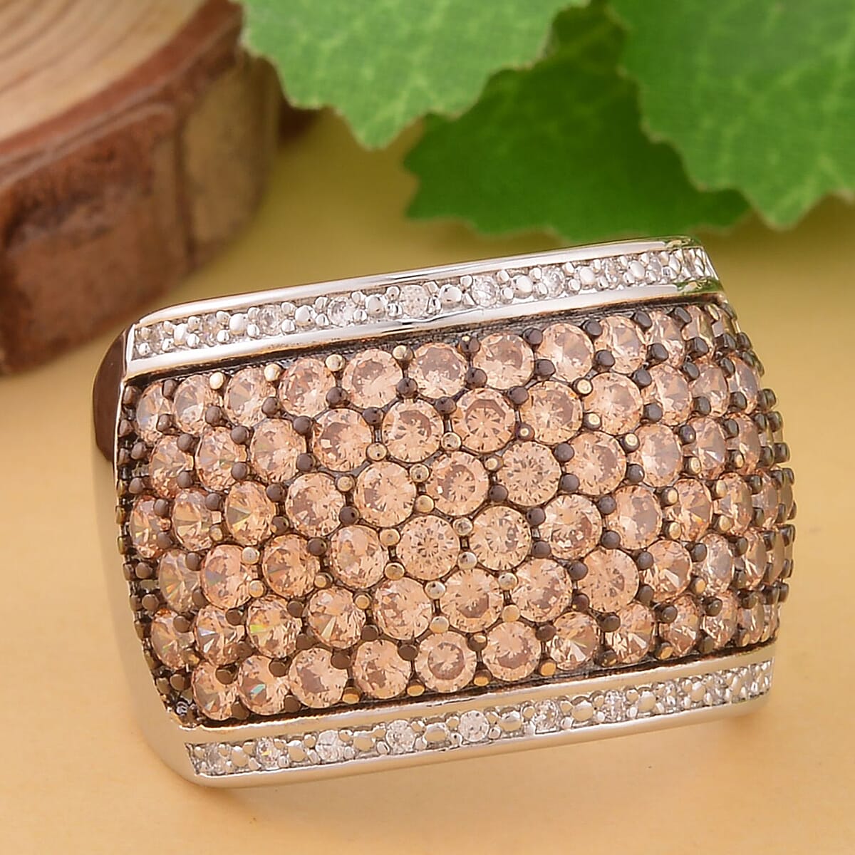 Simulated Champagne and White Diamond Ring in Rhodium and Silvertone 1.50 ctw image number 1