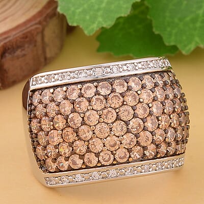 Simulated Champagne and White Diamond Ring in Rhodium and Silvertone (Size 10.0) 1.50 ctw