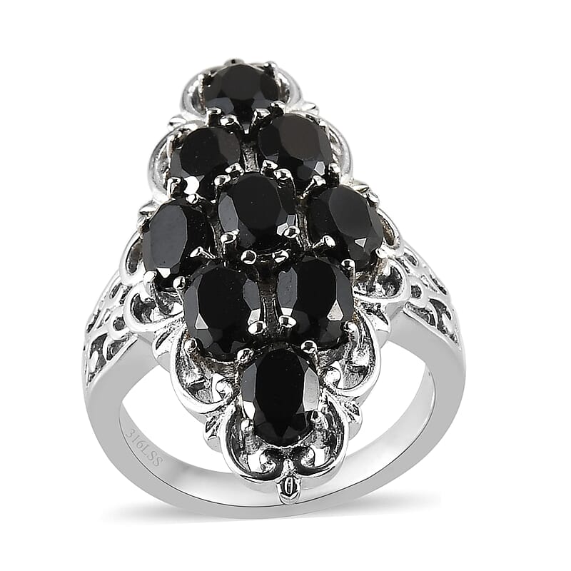 Thai Black Spinel Elongated Ring in Stainless Steel (Size 10.0) 5.50 ctw