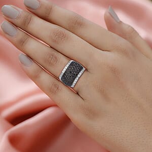 Simulated Black and White Diamond Ring in Rhodium and Silvertone (Size 6.0) 1.50 ctw