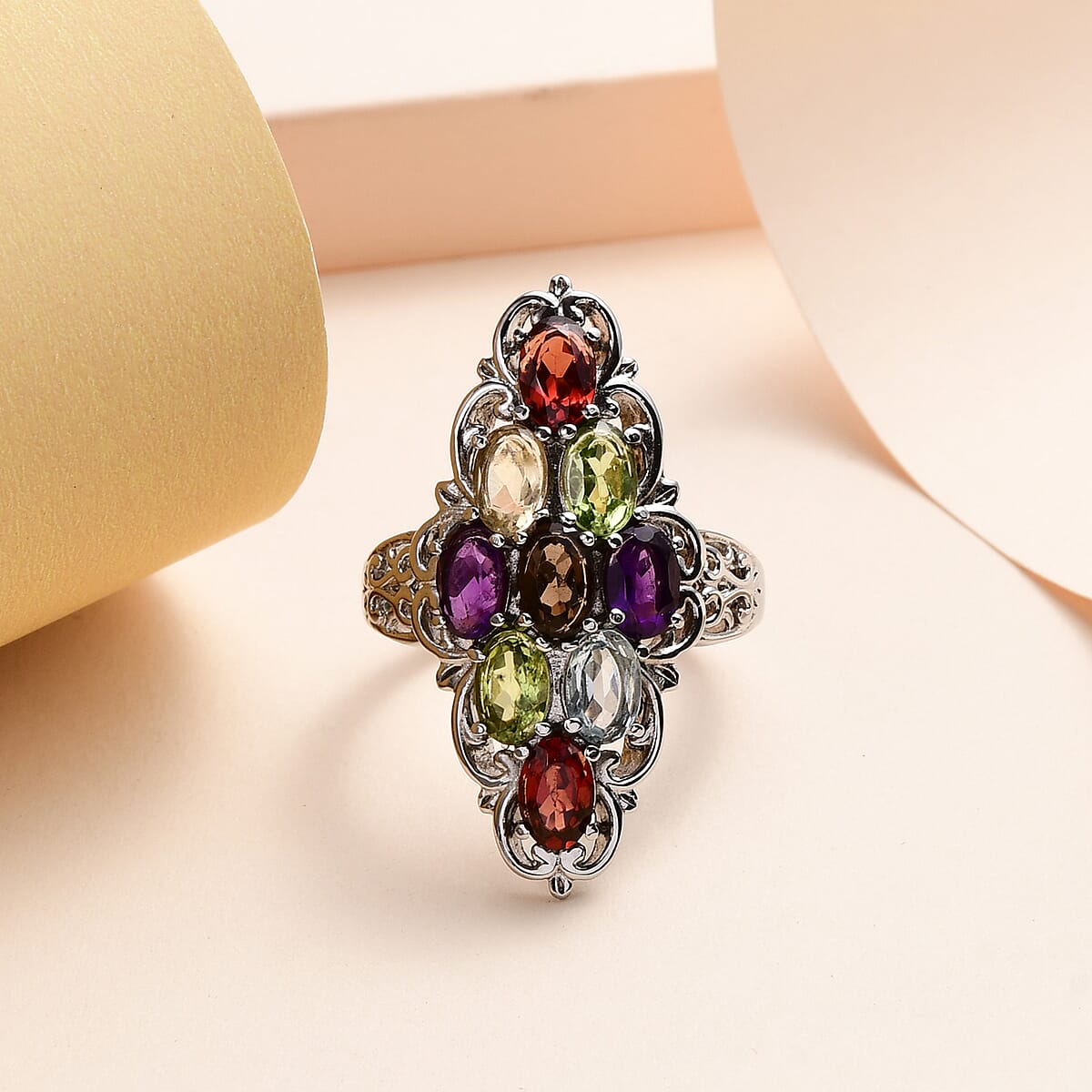 Multi Gemstone Elongated Ring in Stainless Steel (Size 5.0) 3.90 ctw image number 1