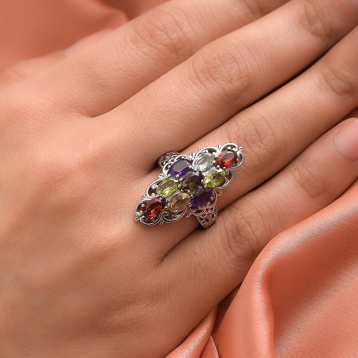 Multi Gemstone Elongated Ring in Stainless Steel (Size 5.0) 3.90 ctw image number 2