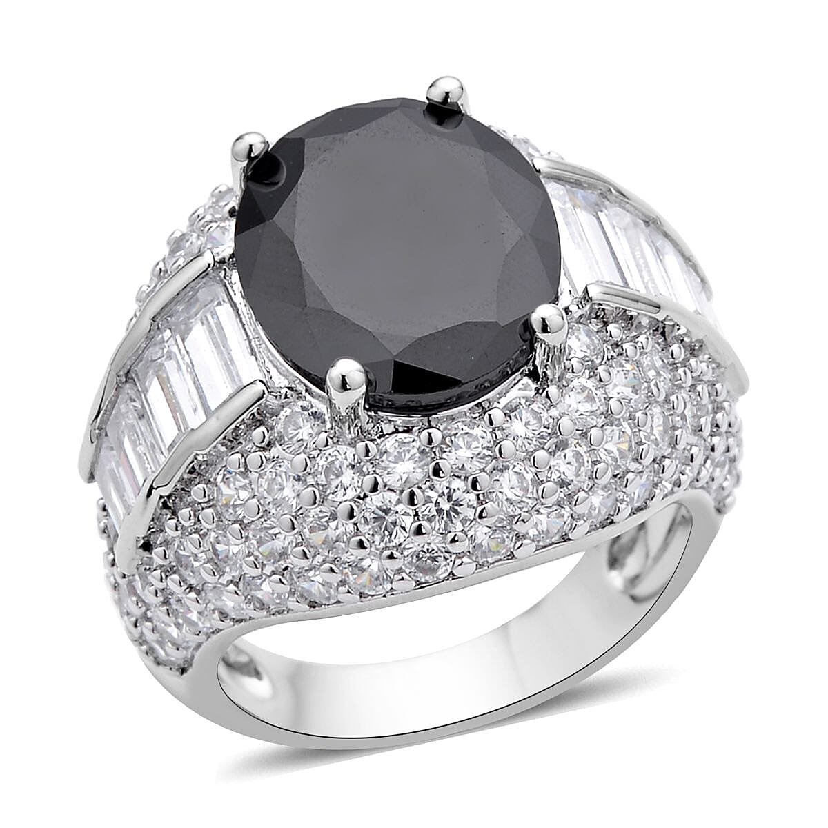 Simulated Black and White Diamond Ring in Silvertone (Size 11.0) 12.00 ctw